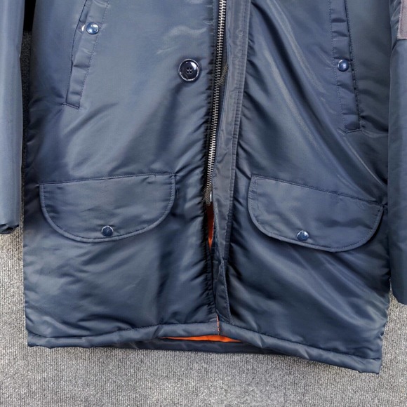 Weather Caster Mens Parka Jacket Blue Small Long Sleeve Quilted Lined Vegan Fur - Picture 7 of 12